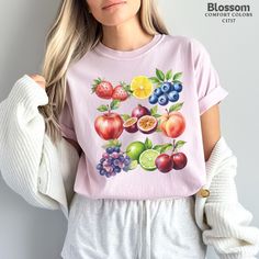 Vintage Fruit Collage Comfort Colors® Shirt - Cute Fruit Tee - Collage Aesthetic - Gardening Lover - Womens Graphic Tee - Gardener Aesthetic by PacificSunshineWicks on Etsy Organic Short Sleeve T-shirt For Spring, Pink Fruit Print Tops For Summer, Pink Strawberry Print Shirt For Spring, Pink Fruit Print Tops For Spring, Spring Pink Tops With Fruit Print, Spring Tops With Fruit Print, Pink Strawberry Print Shirt For Summer, Pink Strawberry Print Summer Shirt, Summer Pink Shirt With Strawberry Print