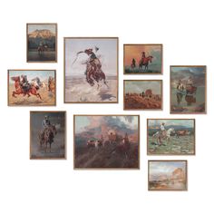 several paintings of cowboys on horseback and horses