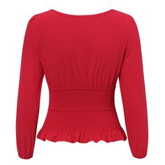 FREE SHIPPING Women Red Crop Tops High Waist Twist Ruffle Winter Blouses JKP3568 Fitted V-neck Tops With Ruffle Hem, Fall V-neck Top With Ruffle Hem, Solid Ruffled Tops For Fall, Fall Solid Top With Ruffles, Winter V-neck Top With Ruffles, Fitted V-neck Peplum Top For Fall, Fitted Solid Color Tops With Ruffles, Fitted Solid Blouse With Ruffles, Fitted Solid Tops With Ruffles