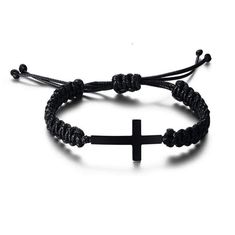 Men's Cross Bracelet Black Rope Black Leather Bracelet With Adjustable Cord As Gift, Black Braided Bracelet With Sliding Knot, Trendy Black Jewelry With Adjustable Cord, Gift Black Braided Bracelets With Adjustable Cord, Resizable Black Wristband For Gift, Resizable Black Wristband Gift, Resizable Black Wristband, Black Adjustable Braided Bracelet With Sliding Knot, Casual Adjustable Braided Bracelet With Black Band