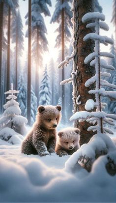 two bears are sitting in the snow next to a tree and another bear is laying down