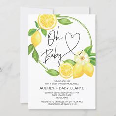 the oh baby shower card features lemons and leaves