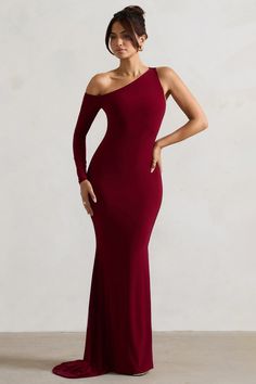 Contradiction Port One-Sleeve Asymmetric Maxi Dress – Club L London - USA Plum Dress, Club L London, Black Dress Prom, Fishtail Skirt, Black Tie Gala, Asymmetric Neckline, Party Dress Long Sleeve, Skirt Maxi, Christmas Party Dress