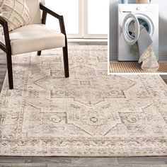 a beige rug with an image of a washer in the background and a chair next to it