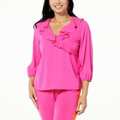 C Wonder by Christian Siriano Ruffle V-Neck Blouse Bring the drama with this stretch georgette, ruffled V-neck blouse. Pair it with skinny jeans or a pencil skirt for a perfectly polished look. Chic Stretch V-neck Top For Work, V-neck Ruffled Blouse For Work, V-neck Ruffles Blouse For Work, V-neck Ruffle Blouse For Work, Spring V-neck Stretch Blouse, Chic Pink V-neck Top For Spring, Elegant Stretch V-neck Top For Spring, Black Plaid Shirt, Casual Kimono