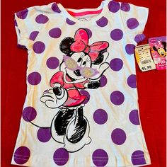 Size: 4t Color: White, Purple, Pink, Silver & Purple Glitter, Black New With Tag Cotton Minnie Mouse Shirt With Short Sleeves, Playful White Minnie Mouse T-shirt, Cotton Minnie Mouse Top For Playtime, Cute White Mickey Mouse Shirt, Cute Minnie Mouse Cotton Top, Cotton Mickey Mouse Top For Playtime, Cute White Minnie Mouse Top, Cute White Minnie Mouse Tops, Casual Minnie Mouse Tops For Playtime