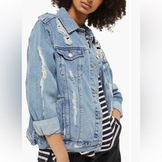 Topshop Distressed Denim Jacket. New With Tags. Size 10 Cheap Summer Distressed Outerwear, Cheap Bohemian Denim Jacket For Women, Cheap Distressed Denim Jacket For Fall, Luxury Denim Jacket With Graphic Print For Fall, Cheap Bohemian Denim Jacket, Cheap Denim Jacket With Graphic Print For Fall, Cheap Graphic Print Denim Jacket For Fall, Cheap Distressed Denim Outerwear, Cheap Acid Wash Distressed Outerwear