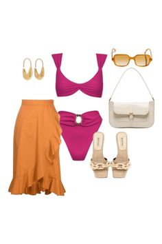 Style inspiration featuring supportive pink swimsuit top and swimsuit bottoms , ruffled orange midi skirt, white shoulder bag, gold detailing heels, gold earrings, 70’s brown sunglasses Feminine Swimwear, Bettina Looney, Retro Swimwear, Swimsuits Outfits, Statement Fashion, Soft Feminine