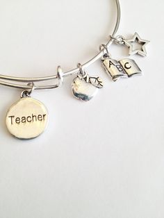 Teacher Theme Adjustable Bangle Alex and Ani by IcyCoolCreations Personalized Symbolic Silver Bracelets, Adjustable Nickel-free Metal Charms, Adjustable Personalized Silver Bracelet, Adjustable Personalized Silver Bracelets, Adjustable Nickel-free Charms As Gifts, Personalized Adjustable Metal Charm Bracelet, Adjustable Nickel Free Silver Charm Bracelet, Adjustable Silver Nickel-free Charm Bracelet, Symbolic Adjustable Charm Bracelet