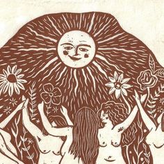 an image of three women holding flowers in front of a sun and moon above them