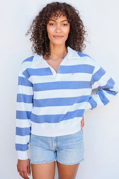 Our rugby style top is the cutest with its johnny collar, sail embroidery and nautical stripes. White Sailor Style Long Sleeve Tops, White Polo Collar Top With Striped Cuffs, Sailor Style Striped Long Sleeve Top, Sailor Style Striped Cotton Top, Sailor Striped Long Sleeve Top, Casual White Sailor Collar Top, White Casual Tops With Sailor Collar, Striped Sailor Long Sleeve Top, Striped Sailor Style Cotton Top