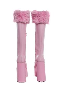 cuz you always know how to charm! These knee high platform boots have a vegan leather construction with faux fur trim, chunky block heels, extra long adjustable laces with tonal D-ring hardware, and side zip closures. Pink Knee-high Heeled Boots For Winter, Pink Platform Boots For Winter, High Platform Boots, Coquette Clothing, Knee High Platform Boots, Bday Wishlist, Pink Platform, Doll Closet, Sassy Outfit