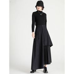 A long docking skirt with different fabrics spun together at the hem. It has a slender silhouette from the waist to the hips, but has a loose design that widens at the hem. The fragrant "black" makes its presence stand out. 
 
 
 Size 
 
 S size 
 
 Total length: 94cm 
 Waist: 64-68cm 
 Hip: 104cm 
 
 M size 
 
 Total length: 95cm 
 Waist: 68-72cm 
 Hip: 108cm 
 
 L size 
 
 Total length: 96cm 
 Waist: 72-76cm 
 Hip: 112cm 
 
 XL size 
 
 Total length: 97cm 
 Waist: 76-80cm 
 Hip: 116cm Black Asymmetrical Draped Skirt, Black Asymmetrical Relaxed Fit Draped Skirt, Black Draped Skirt With Asymmetrical Hem, Black Long Pleated Draped Skirt, Chic Black Skirt With Layered Hem, Black Asymmetrical Hem Pleated Maxi Skirt, Black Pleated Maxi Skirt With Asymmetrical Hem, Elegant Black Maxi Skirt With Asymmetrical Hem, Chic Black Asymmetrical Hem Maxi Skirt