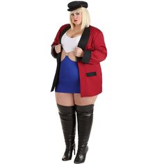 a woman in a red jacket and blue skirt is standing with her legs spread out