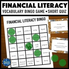 a game board with green circles on it and the words financial literacy written in white