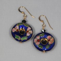 Cloisonn Earrings, Accentuate By A Swarovski Crystals. 14k Gold Filled Earwires Blue French Hook Jewelry As Gift, Adjustable Pierced Enamel Jewelry, Adjustable Enamel Pierced Jewelry, Enamel Drop Earrings With Ear Wire, Adjustable Enamel Jewelry, Blue Round Flower Earrings In Sterling Silver, Round Enamel Earrings, Blue Round Flower Earrings With Ear Wire, Nickel-free Enamel Round Earrings