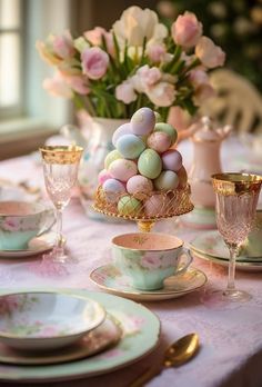 the table is set for easter dinner with pink and white flowers in vases on top