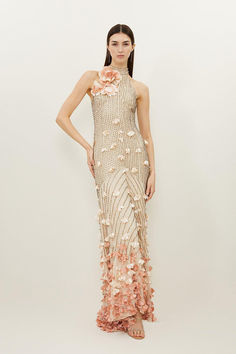 A Show-Stopping Piece That Promises To Exude Glistening Luxury For Special Occasions. A Halter Neck Style With A Front Cut Out And Rosette Detail Elegantly Frames The Shoulders, While A Diamanté Floral Appliqué Print Cascades To A Maxi Hemline For Dramatic Effect. Effortlessly Sculpting And Flowing All At Once, Pair This Piece With Barely-There Stilettos For A Jaw-Dropping Ensemble.Maxi Hemlinehalter Necksleevelessdiamanté Floral Print Rosette Dress, Latest Maxi Dresses, Spring Wedding Guest Dress, Petite Business Casual, Outfit Wedding Guest, Maxi Dress Collection, Fall Wedding Guest Dress, Floral Halter Dress, Bachelorette Outfits