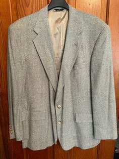 "This light blue & cream jacket has a notched collar, two button closure, vent in back, long sleeves with decorative buttons, left chest pocket, two front pockets & two interior pockets. chest: 50\" sleeves: 25.5 length: 31\" In excellent condition. See pictures" Spring Long Sleeve Tweed Jacket With Single Button, Classic Button-up Tweed Jacket For Spring, Formal Long Sleeve Tweed Jacket With Button Closure, Vintage Long Sleeve Business Casual Outerwear, Vintage Formal Tweed Jacket For Spring, Formal Long Sleeve Tweed Jacket For Spring, Formal Long Sleeve Spring Tweed Jacket, Spring Formal Long Sleeve Tweed Jacket, Vintage Long Sleeve Tweed Jacket For Formal Occasions