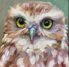 an owl with yellow eyes is shown in this painting