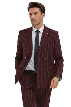 Men's Slim Fit Double Breasted Bold Gangster Pinstripe Suit in Burgundy Groom Suit Maroon, Suits Men Slim, Suit Styles, Cheap Suits, Striped Suit, Classy Suits, Burgundy Suit, Pinstripe Suit, Tuxedo Shirts