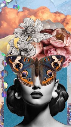 a woman's face with butterflies and flowers on her head