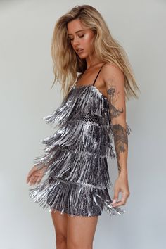 New York Nights Sequin Fringe Mini Dress Black New York Night, Fringe Mini Dress, Disco Dress, Tassel Dress, On The Dance Floor, Mini Dress Black, Sling Dress, Fringe Dress, Silver Heels