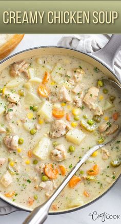 creamy chicken soup with a mix of vegetables in a skillet. Demos Chicken And Rice Soup, Demos Chicken And Rice Soup Recipe, The Cozy Cook Recipes, Cozy Cook Recipes, Creamy Chicken Stew, The Cozy Cook, Cozy Cook, Rice Soup Recipes, Creamy Chicken Soup