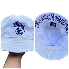 PLEASE CONTACT TO ME WITH  ANY QUESTION BEFORE  BUYING.. PLEASE READ THE DESCRIPTION AND POLICIES BEFORE BUYING. TAG BRAND :-Stussy SIZE ON TAG : S/M PLEASE COMPARE THE MEASUREMENT WITH YOUR GARMENT CONDITION :8/10(Refer Pictures) COLOUR : White View Pic.. MATERIAL : Cotton Kindly read my shipping and policies.  SHIP WORLDWIDE VIA DHL GLOBAL MAIL. ⚫️Takes 14 working days to arrive. ⚫️Safely trackin number=You can track n trace. ⚫️Item will be ship in 1-3 days after payment cleared. THANKS FOR WATCHING MY ITEM! PLEASE SEE MY OTHER ITEM TOO. THANKS!! White Wide Brim Hat For Streetwear, Streetwear Bucket Hat With Letter Print And Curved Brim, Trendy Streetwear Bucket Hat With Letter Print, Streetwear Bucket Hat, One Size Fits Most, Streetwear Wide Brim Bucket Hat, Letter Print Bucket Hat, Trendy Streetwear Bucket Hat, Urban Streetwear Bucket Hat, Casual Summer Hats With Logo Print