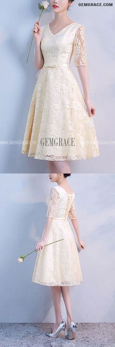 10% off now|Free shipping world-wide. Champagne Vneck Lace Knee Length Party Dress With Sleeves at GemGrace. Click to learn our pro custom-made service for wedding dress, formal dress. View #WeddingGuestDresses for more ideas. Cream Knee-length Lace Dress, Beige V-neck Lace Dress For Party, Knee-length Lace Dress For Banquet, Party Dress With Sleeves, Party Dresses With Sleeves, Best Wedding Guest Dresses, Dress With Sleeves, For Wedding Dress, Semi Formal Dresses