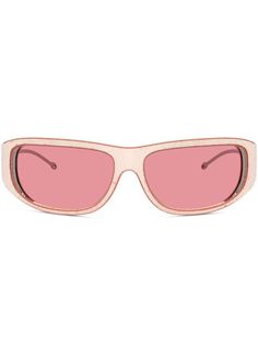 light pink metal wraparound frame pink tinted lenses UV-protective lenses logo plaque at the arm straight arms curved tips These glasses come with a protective case. Frame Pink, Lens Logo, Sunglass Frames, Wrap Around, Protective Cases, Sunglasses Accessories, Light Pink, Lenses, Women Accessories