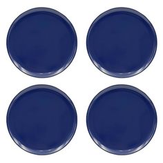 four blue plates sitting on top of each other