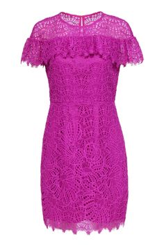 Current Boutique-Trina Turk - Purple Lace Cap Sleeve Dress Sz 6 Summer Cocktail Lace Dress With Lace Sleeves, Purple Lace Mini Dress For Party, Spring Cocktail Dress With Delicate Lace, Fitted Purple Lace Dress, Purple Fitted Lace Dress, Elegant Purple Dress With Lace Work, Elegant Purple Lace Party Dress, Elegant Pink Lace Dress For Date Night, Spring Purple Lace Party Dress