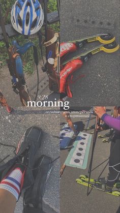 there are many different pictures of people with helmets and skis on the street together