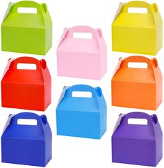 six different colored boxes with handles on each side and one has a handle for the top