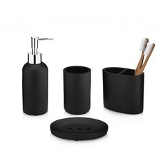 black bathroom accessories including soap dispenser and toothbrush holder