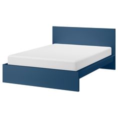 a bed with a blue headboard and foot board on it's side, against a white background