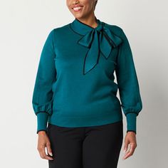 The bow-accented collar of this women's Liz Claiborne sweater will effortlessly slip you into a vintage era that's right on trend. Made from recycled knit, it has mock neckline, faux gold-tone buttons along each shoulder, blouson long sleeves, and ribbed cuffs and hem. Pair it with everything from skirts to jeans.Closure Type: Pullover Head, TieFit: Classic FitSleeve Length: Long SleeveSleeve Style: Puffed SleeveApparel Length: 28.5 InchesFiber Content: 70% Rayon, 30% Recycled PolyesterFabric De Long Sleeve Pullover Sweater, Small Sweater, Mock Neckline, Pullover Sweater Women, Blue Sweaters, Liz Claiborne, Long Sleeve Pullover, Pullover Sweater, Pullover Sweaters