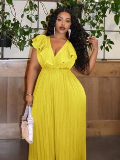 Yellow Elegant Collar Sleeveless Woven Fabric Plain Unitard Embellished Non-Stretch  Women Plus Clothing Jumpsuit For Plus Size Women, Jumpsuit For Plus Size, Plus Size Party, Pleated Jumpsuit, Plus Size Jumpsuit, Kids Beachwear, Deep V Neck, Ruffle Trim, Plus Clothing