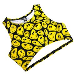 YELLOW HAPPY Includes an sporty crop top with option of Underboob!  YELLOW HAPPY is a 4-way stretch polyester spandex blend, which fits tight and stretches to include a variety of body types. Fabric pattern can vary from item to item. Click the link for the matching bottoms- https://www.etsy.com/listing/1443154741/yellow-smiley-cut-out-flare-bell-bottom?click_key=210f14d2d681ddc8d2d01df2b403294db38ea495%3A1443154741&click_sum=379358a8&ref=shop_home_active_14&frs=1&sts=1 Our products are made to Trendy Sports Crop Top, Spring Sports Crop Top With Graphic Print, Spring Sports Graphic Print Crop Top, Trendy Summer Sports Crop Top, Playful Crop Top For Summer, Yellow Summer Sports Bra For Gym, Trendy Racerback Crop Top For Sports, Yellow Sporty Sports Bra For Summer, Trendy Summer Sports Bra For Streetwear