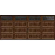 a brown garage door with windows on the front and side panels in dark stained wood