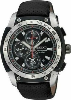 This timepiece by Seiko for men offers a stainless steel case and leather bracelet. The black dial includes a date window. This handsome watch also features a scratch-resistant hardlex crystal, a precise quartz movement, alarm, and a water resistance level of up to 100 meters (330 feet). Hardlex Crystal 60 minute Chronograph records elapsed time up to 60 minutes and will run for up to 12 hours. Chronograph 2nd hand runs in 1/5 second increments Black dial with white hands and markers Date Alarm Elapsed Time, White Hands, Mens Black Leather, Seiko Watches, Casio Watch, Breitling Watch, Leather Band, Quartz Movement, Stainless Steel Case