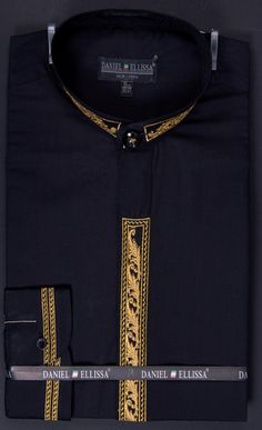 <p>Daniel Ellissa Men's Banded Collar Dress Shirt - Leaf Print Embroidery. Pictured in Black/Gold. <br/><br/> Leaf Print Embroidery <br/> Long Sleeve <br/> Banded Collar <br/> Hidden Buttons <br/> Buttoned Cuffs <br/> 65% Polyester / 35% Cotton</p> Black Embroidered Shirt For Formal Occasions, Formal Black Embroidered Shirt, Formal Festive Embroidered Shirt, Festive Formal Embroidered Shirt, Traditional Embroidered Shirt For Formal Occasions, Gold Long Sleeve Cotton Kurta, Shirts With Embroidery, Mens Dresses, Boys Kurta Design