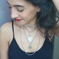 "A Unique SET OF THREE layering Silver chain necklaces. Necklace 1 - Silver choker of 3 wide rows with an abstract mettal element infront THE DETAILS: ❆ Link size- 10*4 m\"m ❆ Silver Plated - High Quality ❆ The necklace length is 14\" + 3\" extender Necklace 2 - Long vintage Coin Necklace. THE DETAILS: ❆ Made of: 2 microns silver plated over brass - a year guarantee. ❆ The link size is about 10x4mm (0.39x0.15'') ❆ The pendant is about 2.5cm (1'') wide ❆ The lenght of the necklace is 30\" Necklac Silver Double Chain Layered Necklace, Silver Layered Double Chain Necklace, Silver Multi-strand Charm Necklace For Layering, Silver Choker With Adjustable Chain For Layering, Silver Layered Metal Charm Necklaces, Silver Multi-strand Necklace For Layering, Silver Layered Charm Necklaces In Metal, Silver Chunky Multi-strand Necklace, Silver Layered Necklace With Chunky Chain As Gift