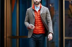 Blazer, $2,200, dunhill.com; Ultra Light Down Jacket, $80, uniqlo.com; Slim Thomas Mason for J.Crew Shirt,... Mens Puffer Vest, Mens Vest Fashion, Clothing Store Design, Trendy Mens Fashion, Mens Fashion Smart, Mens Casual Dress Outfits, Mens Boots Fashion, Dapper Men, Winter Outfits Men