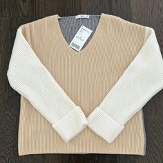 White Tan Grey Colorblock Sweater. No Flaws, Never Worn Trendy White Color Block Sweater, White Sweater With Contrast Color For Layering, Modern White Color Block Tops, Modern White Winter Sweater, Casual Cream Color Block Sweater, Lurex Sweater, Long Open Cardigan, Colorblock Sweater, Puff Sleeve Sweater