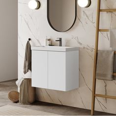 a bathroom with marble walls and flooring next to a white sink under a round mirror