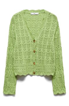 Crochet-style knitting gives an airy, on-trend look to a lightweight cardigan edged in dainty scallops. Front button closure V-neck Long sleeves 67% cotton, 33% polyester Hand wash, line dry Imported Valentino Designer, Hairstyling Products, Green Fits, Rollerball Perfume, Lightweight Cardigan, Makeup Designs, Fragrance Design, Designer Clothes For Men, Crochet Fashion