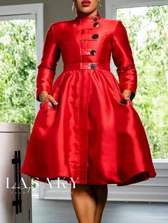 Lasaky - Refined Dress with Stand Collar, Buttoned Front, and Exquisite Pocket Stitching Red Dress Curvy Classy, Elegant Shirt Dress, Elegant Style Dress, Plus Size Elegant Dresses, Button Maxi Dress, Long Sleeve Bandage Dress, Fashion Stand, Phenomenal Woman, Plus Size Formal