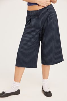 Cropped Twill Suit Trousers - Dark Blue Pinstripe - Monki WW Tailored Cropped Leg Bottoms For Business Casual, Trendy Cropped Leg Workwear Bottoms, Trendy Spring Workwear Culottes, Trendy Cropped Bottoms For Workwear, Trendy Cropped Leg Bottoms For Workwear, Trendy Spring Culottes For Work, Trendy Cropped Workwear Pants, Chic Cropped Leg Bottoms For Work, Trendy Workwear Capris With Pockets